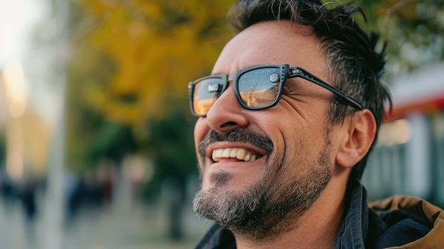 Hombre alegre con gafas inteligentes al aire libre