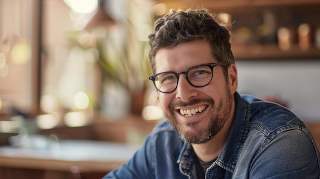 Foto un hombre alegre con gafas sonriendo cálidamente encarnando la satisfacción y la accesibilidad