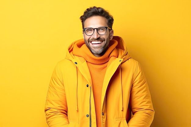 Un hombre alegre con gafas tiene una sonrisa blanca como la nieve en un fondo de colores