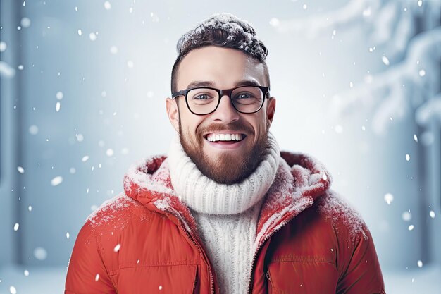 Un hombre alegre con gafas tiene una sonrisa blanca como la nieve en un fondo de colores