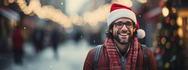 Hombre alegre y guapo de pie en la ciudad de Navidad decorada Retrato en primer plano de un hombre con sombrero de Papá Noel