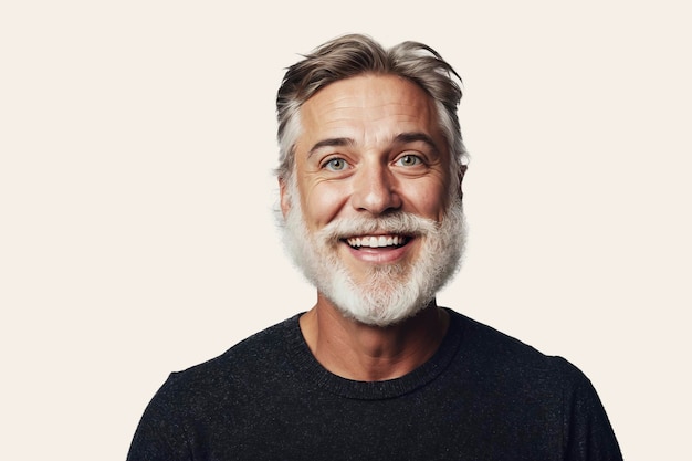 Hombre alegre de mediana edad con barba de sal y pimienta sonriendo sobre un fondo blanco