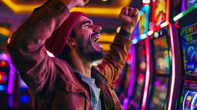 Foto un hombre alegre se regocija por una victoria en un casino con tragamonedas coloridas