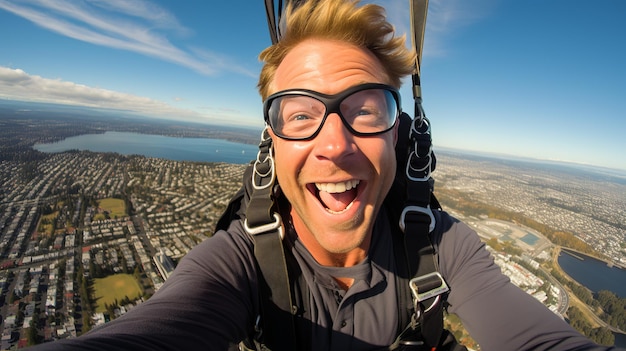 Foto un hombre alegre saltando en paracaídas con una amplia sonrisa descendiendo con gracia de un avión en el aire