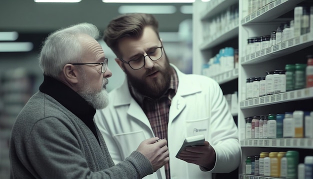 El hombre alegre selecciona la medicina con la ayuda de un joven farmacéutico en una farmacia AI Generativo