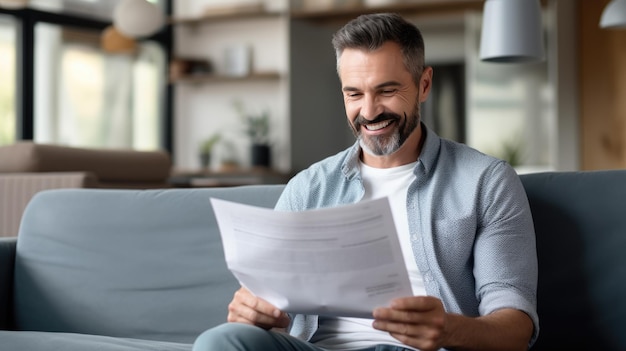 Hombre alegre sentado cómodamente en un sofá sosteniendo y leyendo un documento con una sonrisa brillante y amistosa