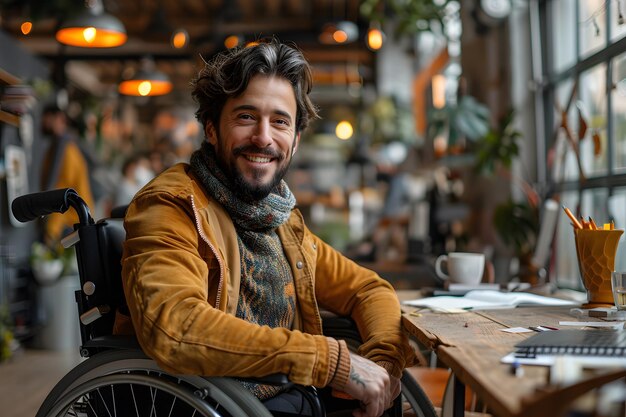 Hombre alegre en silla de ruedas trabajando en una acogedora cafetería que irradia calidez y positividad