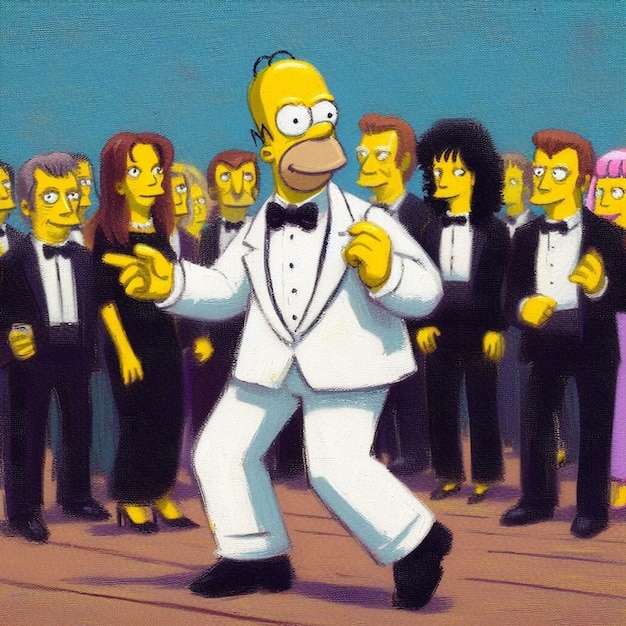 Hombre alegre en un smoking blanco bailando con una audiencia formal en el fondo