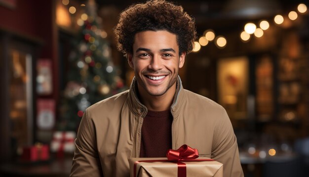 Un hombre alegre sosteniendo un regalo sonriendo a la cámara generada por inteligencia artificial