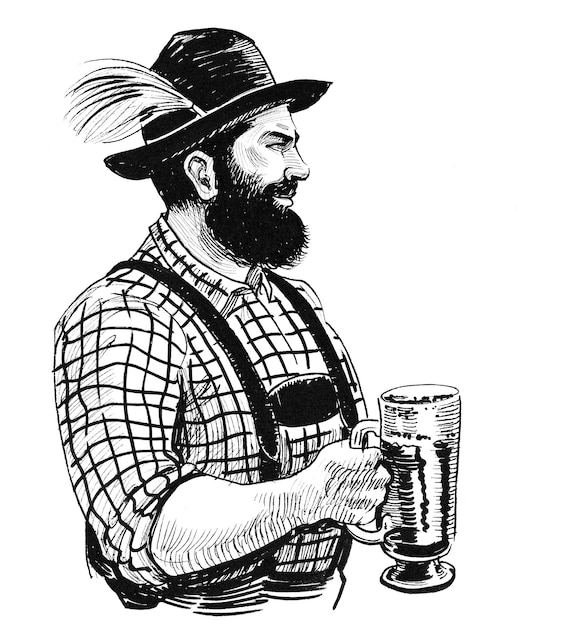 Hombre alemán bebiendo una jarra de cerveza. Dibujo a tinta en blanco y negro