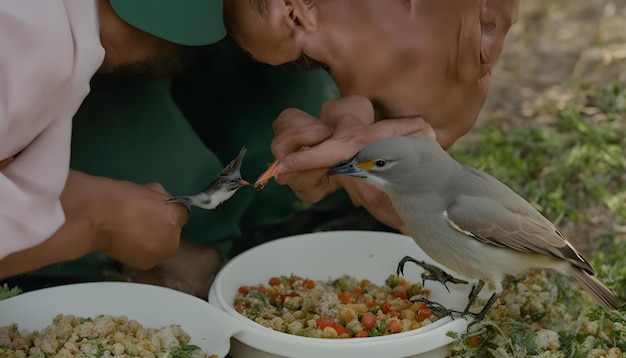 Foto un hombre está alimentando a dos pájaros con un pájaro en la mano