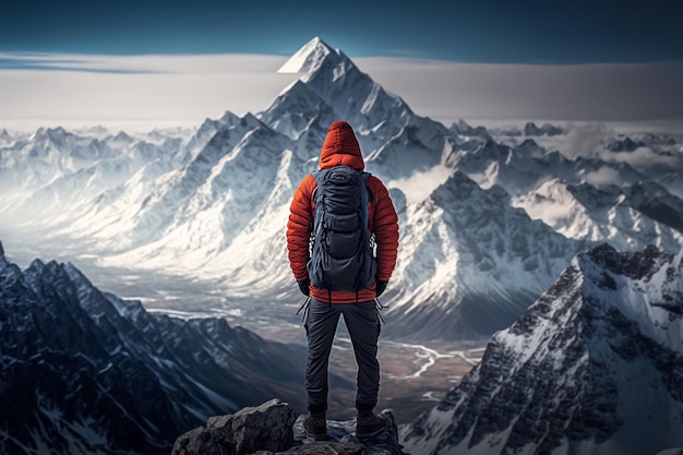 Hombre alpinista en ilustración de invierno cubierto de nieve IA generativa