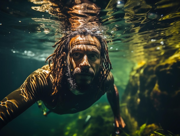 Un hombre alto y atlético con rastas cortas nada bajo el agua