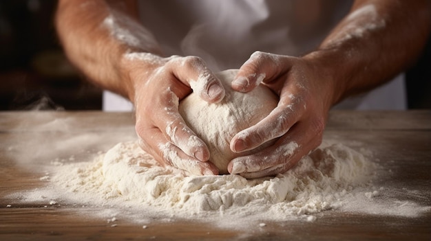 El hombre amasa la masa en la cocina.