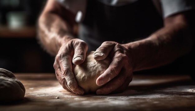 Un hombre amasa en la mesa preparando pan casero generado por IA