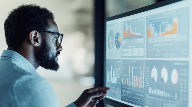 El hombre analiza las visualizaciones de datos en una gran pantalla interactiva se centra en el análisis de datos de KPIs para