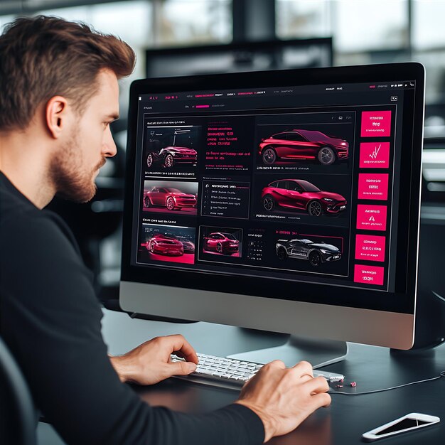 Hombre analizando datos de automóviles en una pantalla de computadora moderna