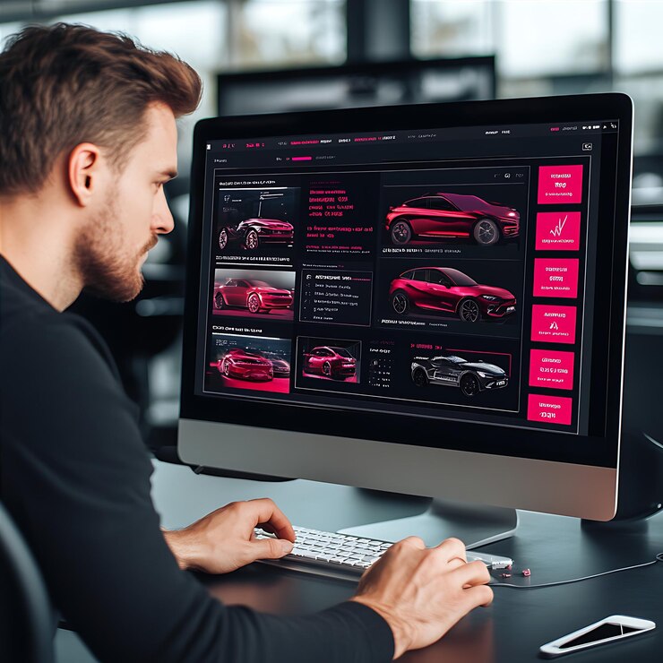 Foto hombre analizando datos de automóviles en una pantalla de computadora moderna