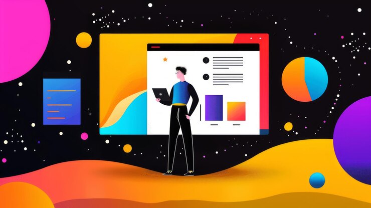 Foto hombre analizando datos en una computadora portátil con fondo colorido
