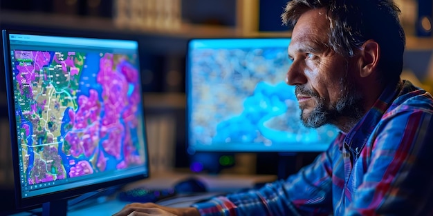 Hombre analizando datos geográficos en la pantalla de la computadora con mapas visibles Concepto Análisis de datos geográficos Visualización por computadora Tecnología de mapeo Interpretación de datos Aplicación de SIG