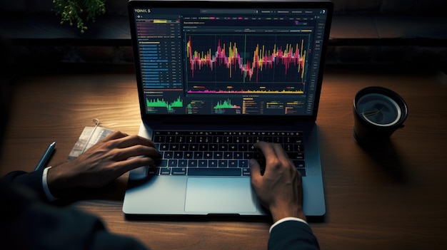 Hombre analizando datos del mercado de valores con gráficos y gráficos que indican el comercio financiero y el análisis