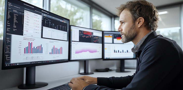 Foto un hombre analizando datos en múltiples pantallas de computadora en un entorno de oficina moderno