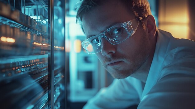 hombre analizando el sistema de computadora cuántica