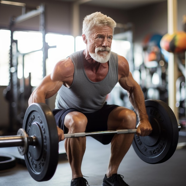 Hombre anciano de 65 años levantando pesas en un gimnasio