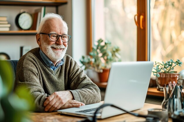 Foto hombre anciano aprendiendo y participando en clases o cursos en línea