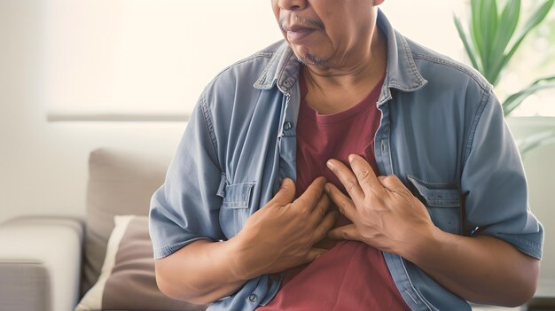 Hombre anciano asiático con dolor en el pecho paciente de ataque al corazón