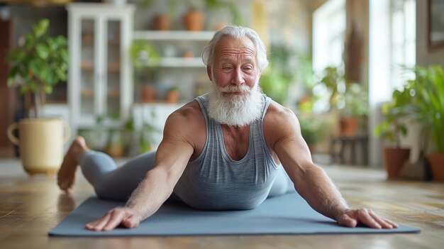 Foto hombre anciano atlético haciendo estiramiento de espalda y fortalecimiento del núcleo en la alfombra de yoga