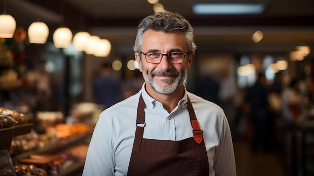 Un hombre anciano y atractivo es propietario de una pequeña empresa en el campo del pequeño comercio y servicios Ilustración de pequeñas empresas generada por IA