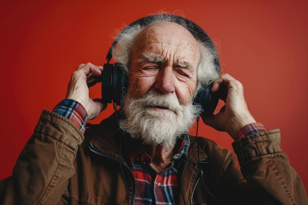 Hombre anciano con auriculares escucha música