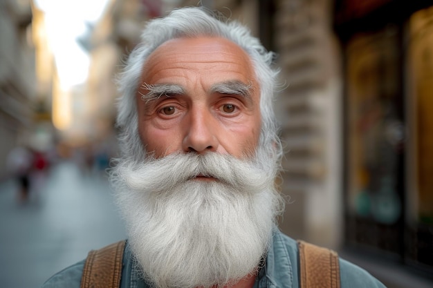 Hombre anciano con barba blanca y bigote en un entorno urbano histórico