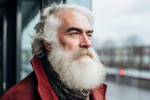 Hombre anciano con barba blanca junto a la ventana Estilo de diseño danés