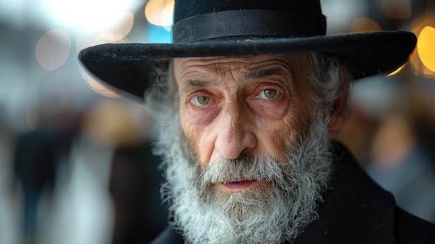 Hombre anciano con barba y sombrero negro Retrato detallado con fondo borroso