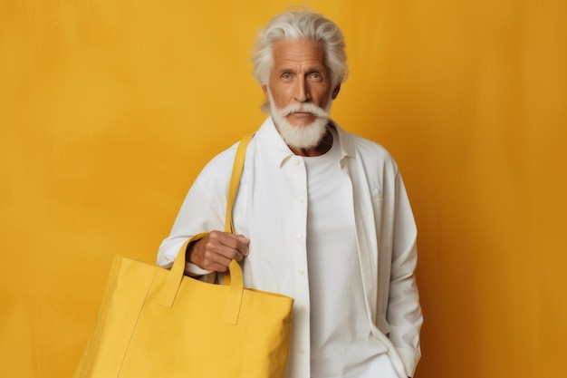 Hombre anciano con bolsa de compras amarilla sobre fondo amarillo Concepto de compras IA generativa