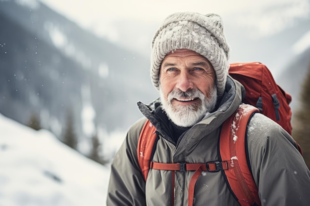 Hombre anciano caminando por las montañas