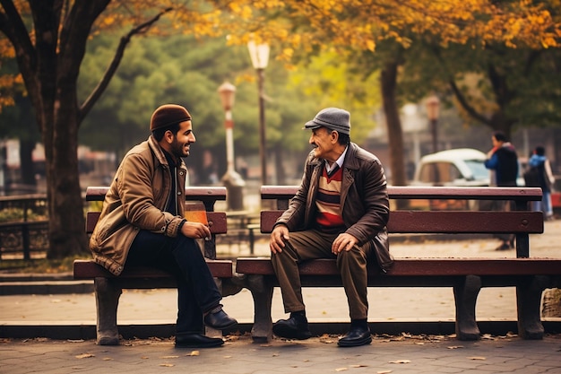 Hombre anciano charlando con su cuidador