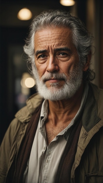 Hombre anciano con barba blanca mirando ao horizonte