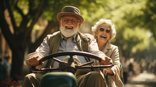 Hombre anciano conduciendo un coche de juguete en el parque