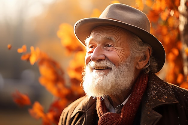 Hombre anciano feliz en un fondo claro en el otoño