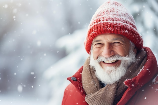 Hombre anciano feliz en la nieve de invierno con copyspace