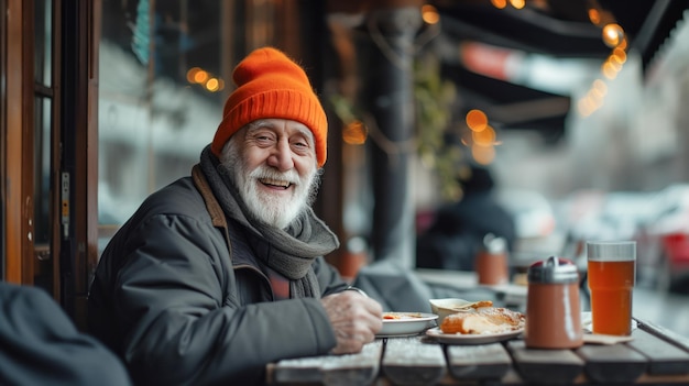 Hombre anciano sin hogar sentado en una mesa al aire libre con un plato de comida