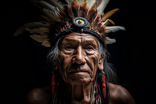 Hombre anciano indígena con vestimenta tradicional contra el fondo de un estudio negro