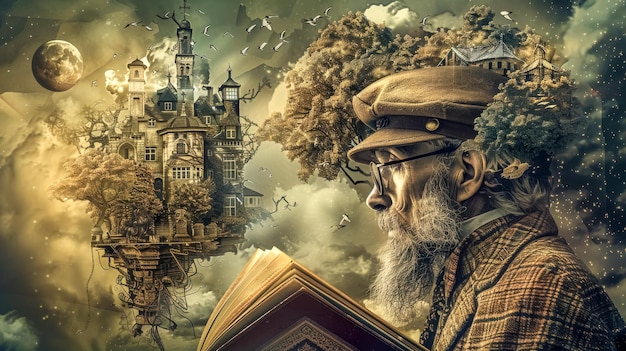 Foto hombre anciano leyendo con un fondo de fantasía encantador