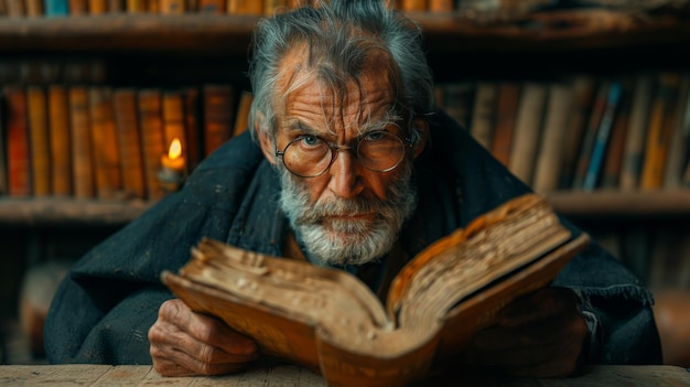 Hombre anciano leyendo un libro antiguo en un entorno de biblioteca