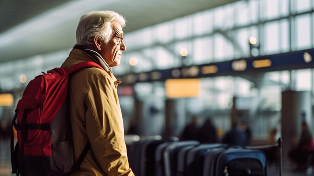 Hombre anciano con mochila en el aeropuerto Retrato de un hombre anciano en el aeroporto Generativo ai