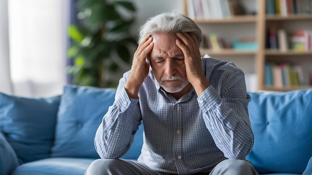 Hombre anciano se sienta sosteniendo su cabeza sufriendo pérdida de memoria