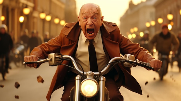 Foto hombre anciano en terror montando una motocicleta por la calle de la ciudad en un estado de pánico y miedo